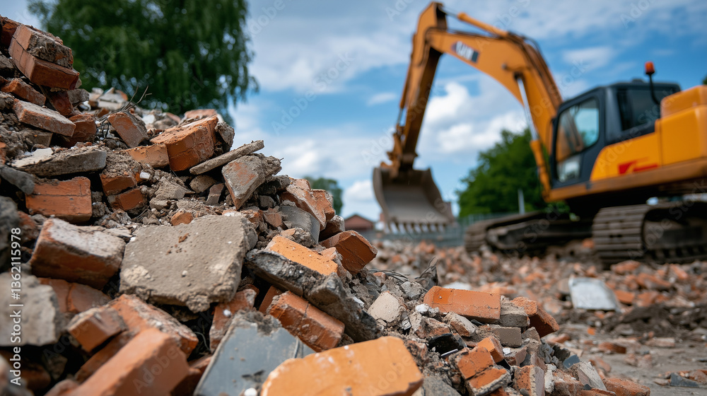 Fototapeta premium Close-up view of crumbling brick rubble and concrete debris piled high in a metal waste container, the excavator's arm visible in the distance, clearing the remains of a demolished