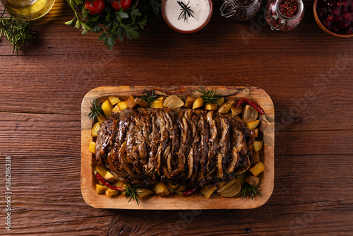 Roasted whole pork neck. Stuffed with onion slices. Served with baked potatoes.