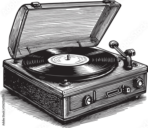 Vintage record player drawing vector illustration