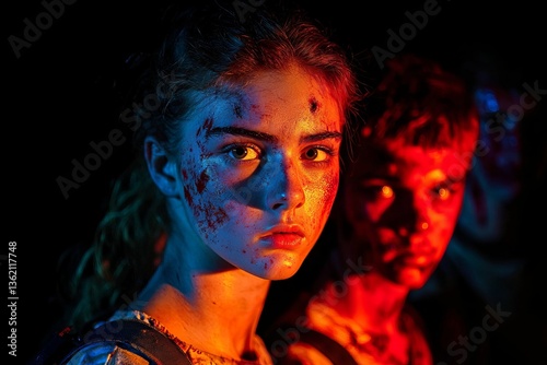 The stock illustration shows a crowd of undead zombies roaming a post-apocalyptic city at night