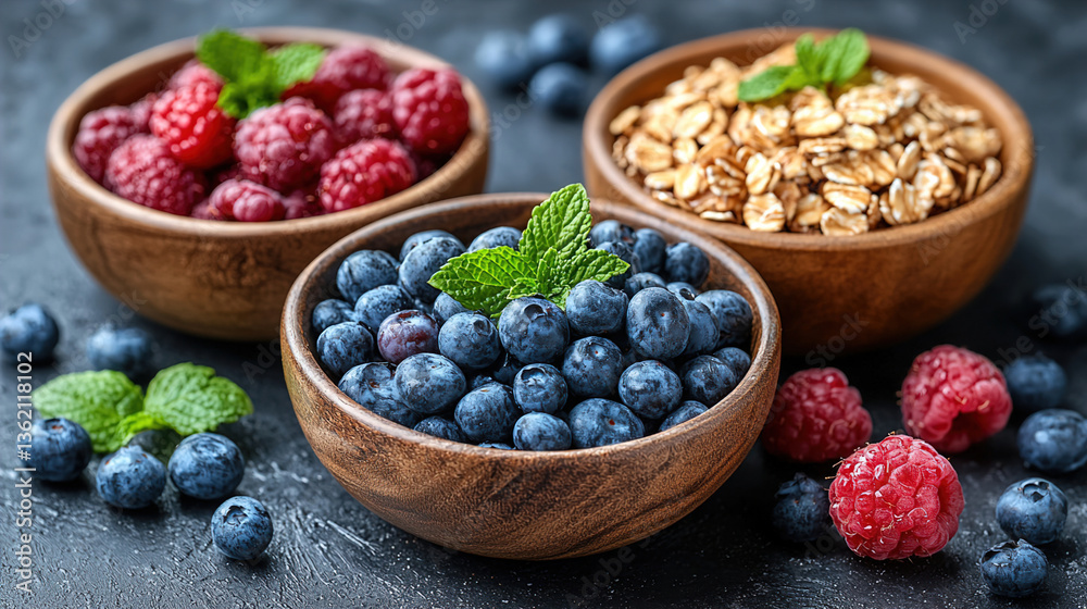 Fresh berries and oats in wooden bowls arranged on a dark table with mint leaves for a healthy snack option Fresh berries and oats in wooden bowls arranged on a dark table with mint leaves for a healthy snack option