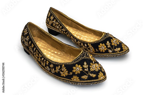 3D Luxurious Black and Gold Khussa with Intricate Detailing.