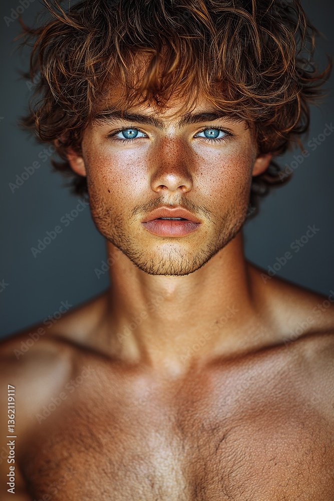 Obraz premium The man's attractive torso and chest, combined with his abs and bicep muscles, are a result of careful sport and exercise routines, complemented by his curly hair
