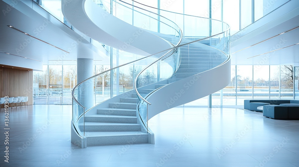 Fototapeta premium Modern Architectural Marvel: A Spiraling Staircase in a Glass-Walled Lobby