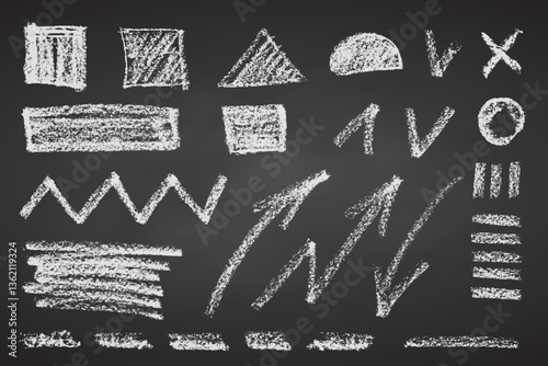 Charcoal pencil hand drawing geometrical shapes, arrows, lines, zig zag. Black elements on black chalkboard. Grunge chalk crayon scribbles doodles textures. Rough crayon strokes. Vector illustration.