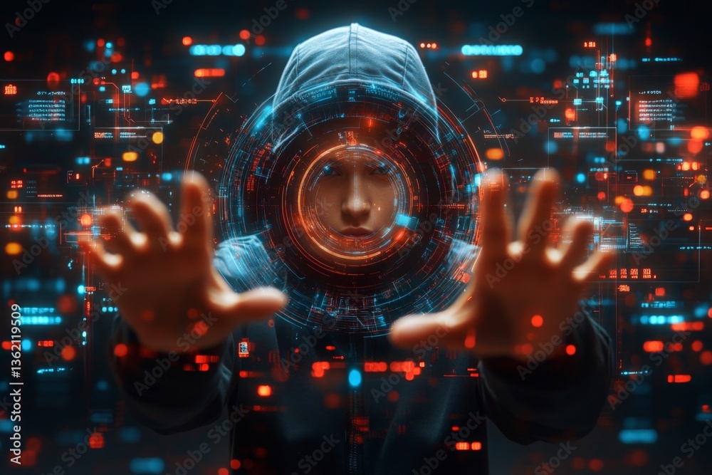 Fototapeta premium Person manipulating digital data with futuristic interface in a dark setting