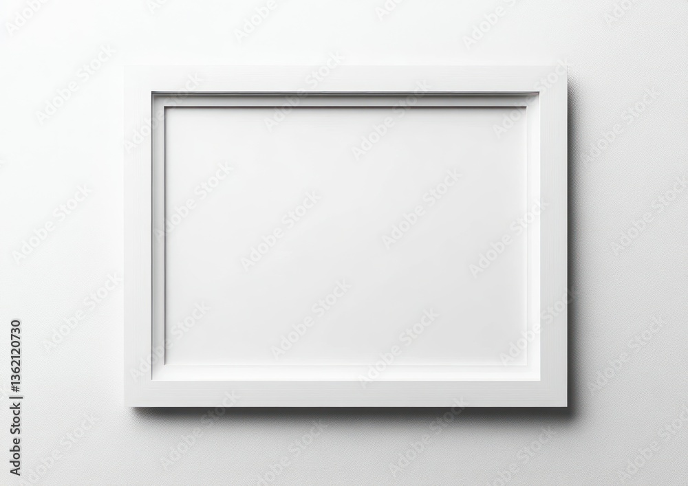 Displaying Empty White Frame Mockup on White Wall for Product Placement Displaying Empty White Frame Mockup on White Wall for Product Placement