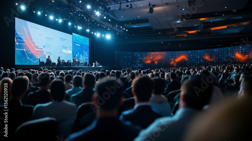 A large audience facing a brightly lit stage where the keynote speaker presents, digital screens on both sides showing global statistics and graphs, ambient light casting soft shad