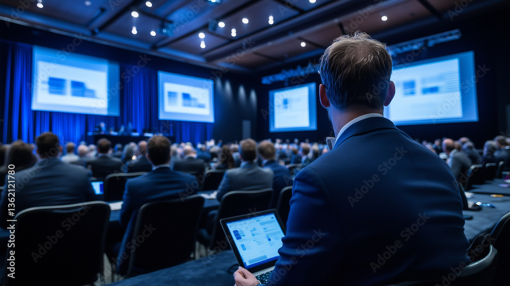 Fototapeta premium Rear shot of an international conference, audience members from various industries listening intently as the speaker presents financial projections on large screens flanking the st