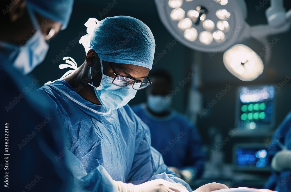 A Black male surgeon in an operating room, focused on the work of their team during a complex microsurgical procedure