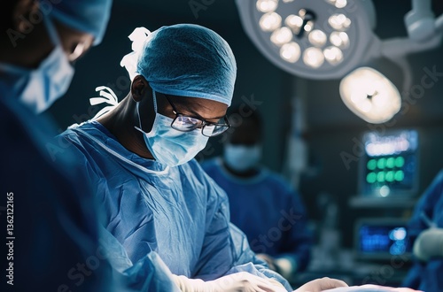 Obraz na płótnie A Black male surgeon in an operating room, focused on the work of their team during a complex microsurgical procedure w salonie