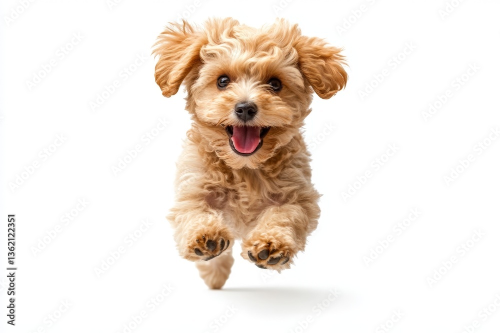 Energetic puppy joyfully jumps forward with a playful expression in bright light Energetic puppy joyfully jumps forward with a playful expression in bright light