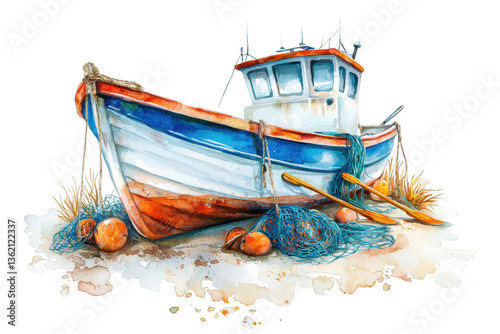 A colorful fishing boat with nets and buoys, showcasing detailed textures and vibrant hues.
