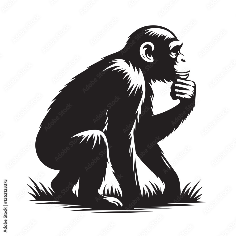 Obraz premium Black Color Chimpanzee Silhouette Vector Illustration, Solid White Background