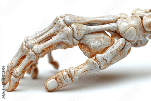 A 3D illustration of the human skeletal system, focusing on the right hand and finger bones from a palmar view, is set against a white background with space for text, highlighting osteology and