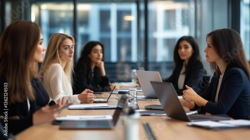 Confident women of various backgrounds sitting at a long executive table, laptops open, exchanging ideas during a productive board meeting, embodying strength and independence