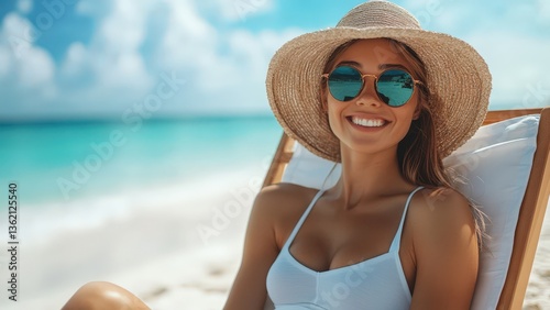 Happy Woman Relaxing on Beach Lounger Summer Vacation Tropical Getaway