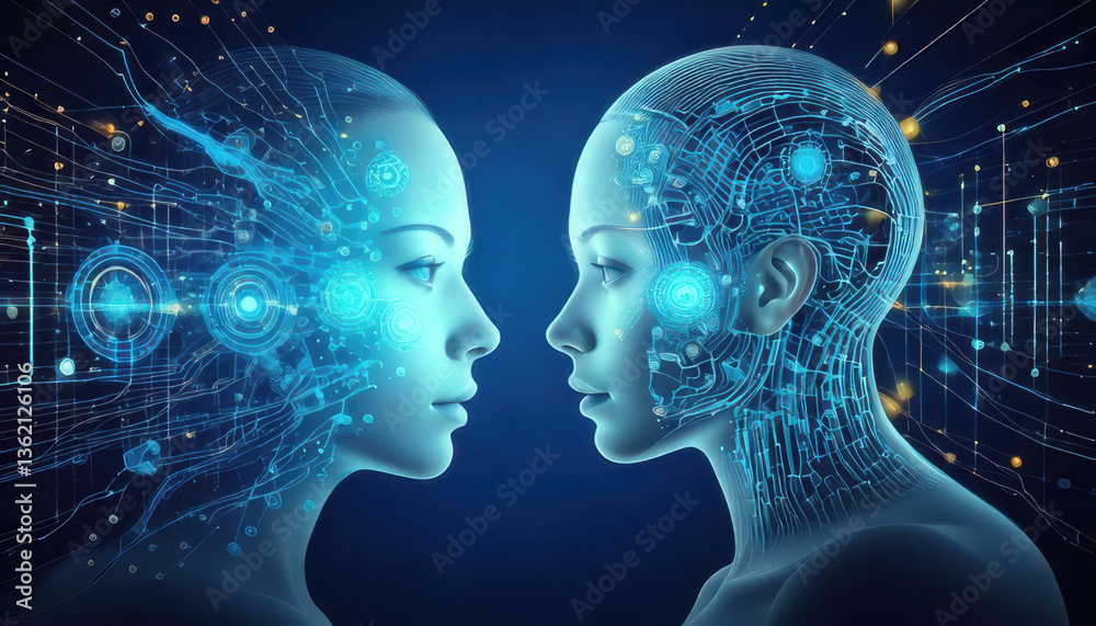Obraz premium Futuristic digital faces with glowing circuits represent artificial intelligence and technology, showcasing human ingenuity
