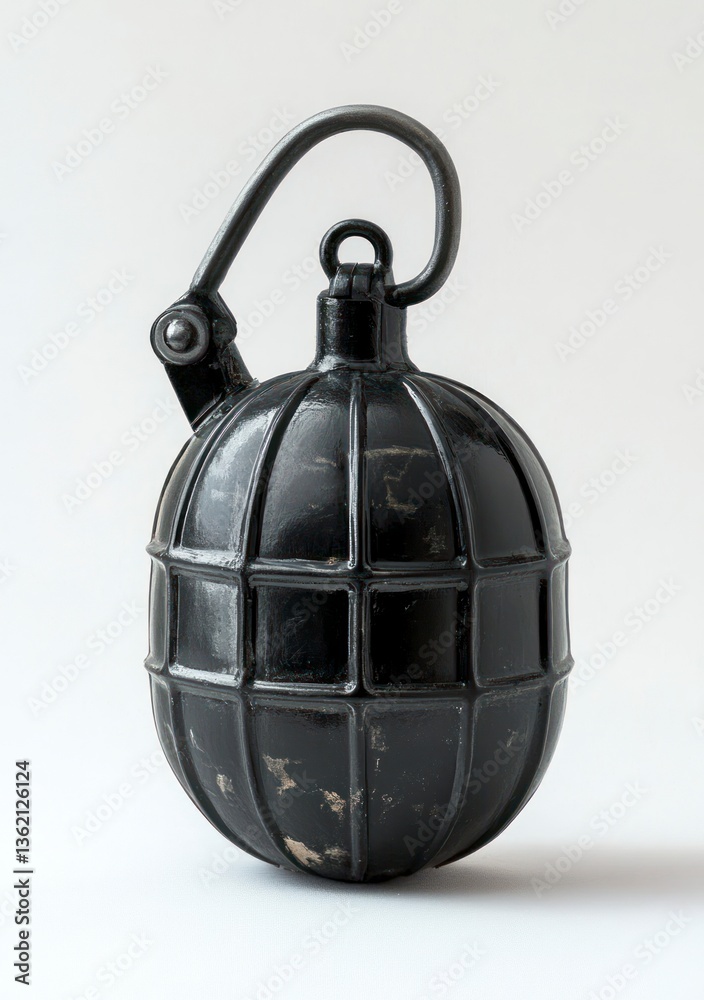 Fototapeta premium Hand Grenade Still Life Close Up on White Background for Military History