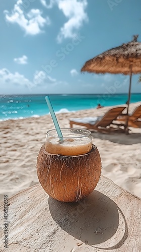 Wallpaper Mural A tropical drink sits in a coconut shell near the beach Torontodigital.ca