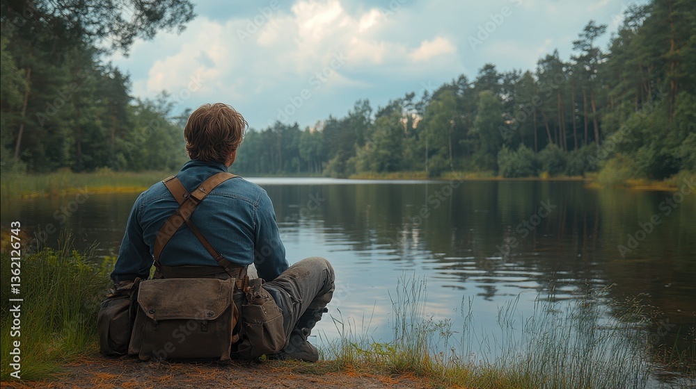 A man observes a lake amidst the surrounding natural environment A man observes a lake amidst the surrounding natural environment