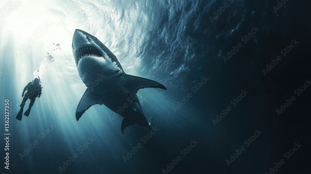 Fototapeta premium Underwater Encounter: Diver and Great White Shark