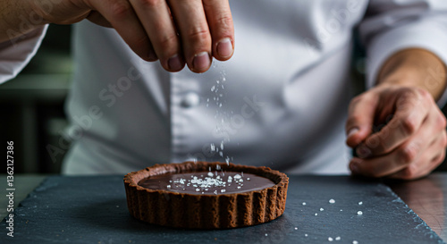 Chef Adding Salt to a Chocolate Tart on a Black Slate Plate in a Close Up View