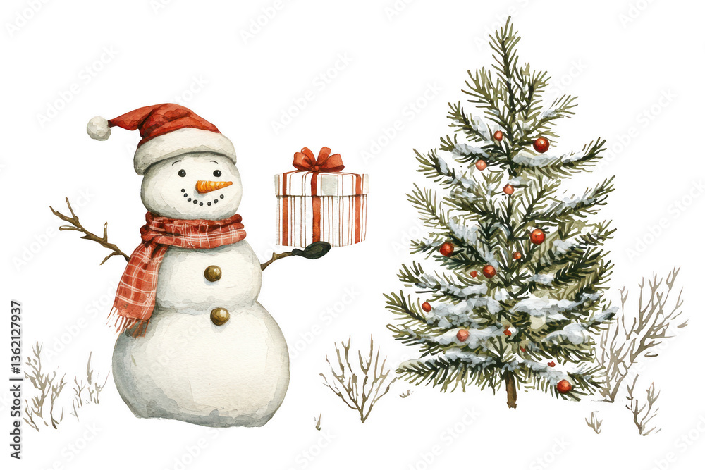 A cheerful snowman in a red scarf holds a gift next to a decorated Christmas tree, embodying the festive spirit of winter celebrations.