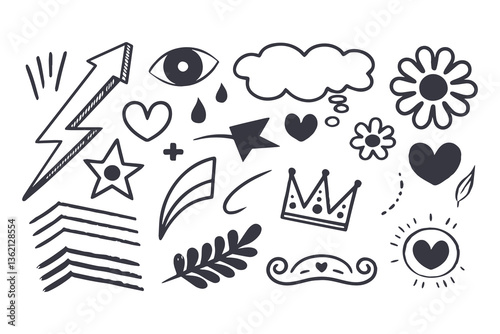 Wallpaper Mural Set of Crayon Doodle Icons. Childish Punk Scribbles with Arrows, Spirals, Hearts, Crowns, Trees, Clouds, Flowers, Mermaid Scales, Houses, and Grungy Charcoal Elements Torontodigital.ca