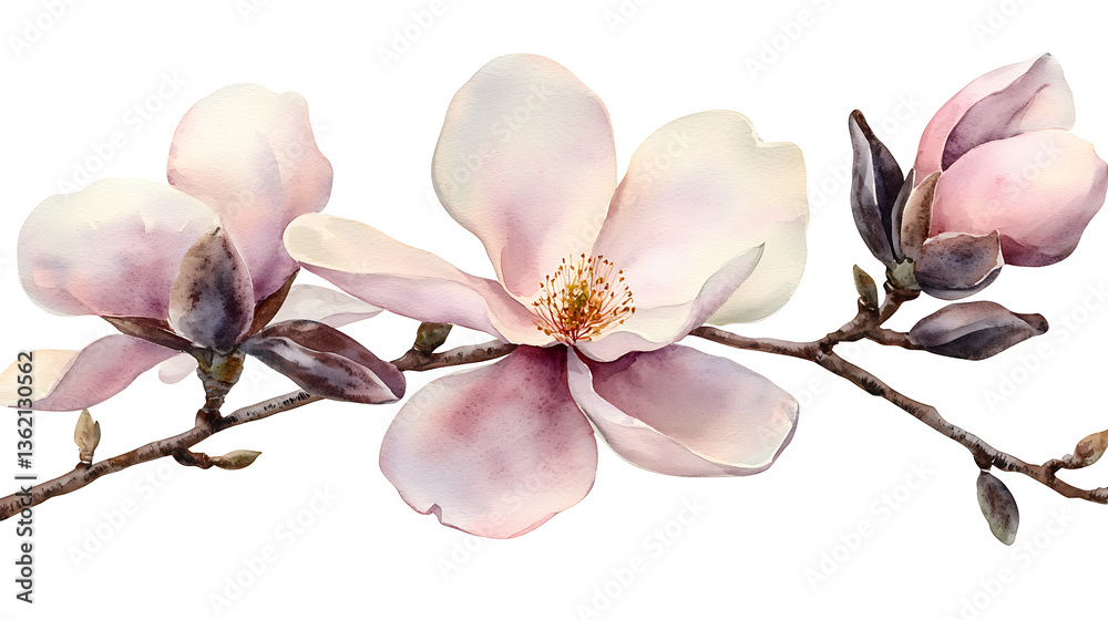 Naklejka premium A watercolor painting of three pink flowers on a branch