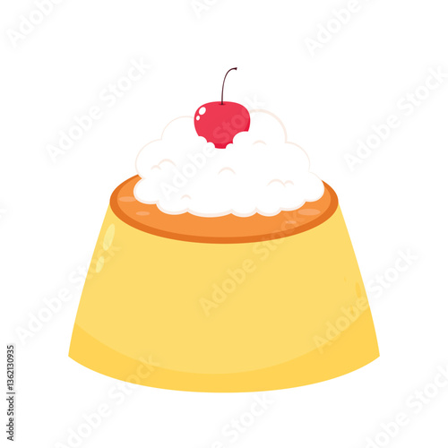 Pudding with cherry and cream vector illustration on white background. Delicious sweet dessert.
