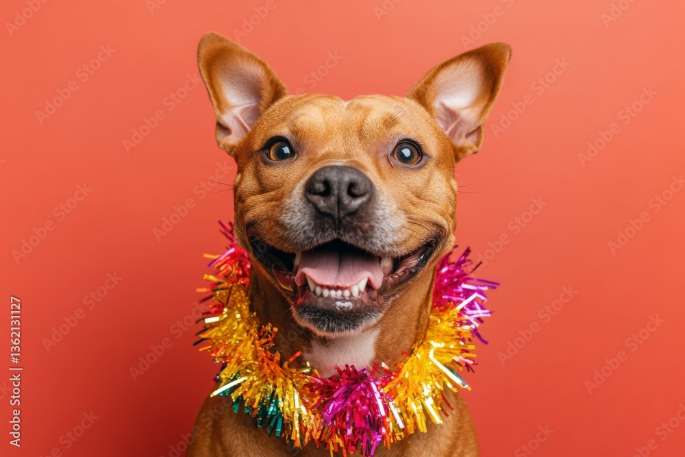 Obraz premium Happy dog celebrating with colorful party decorations on a vibrant background