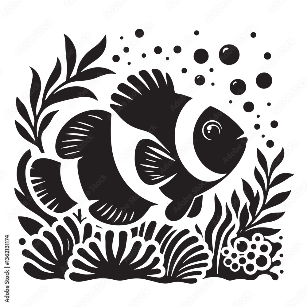 Obraz premium Black Color Clownfish Silhouette Vector Illustration, Solid White Background