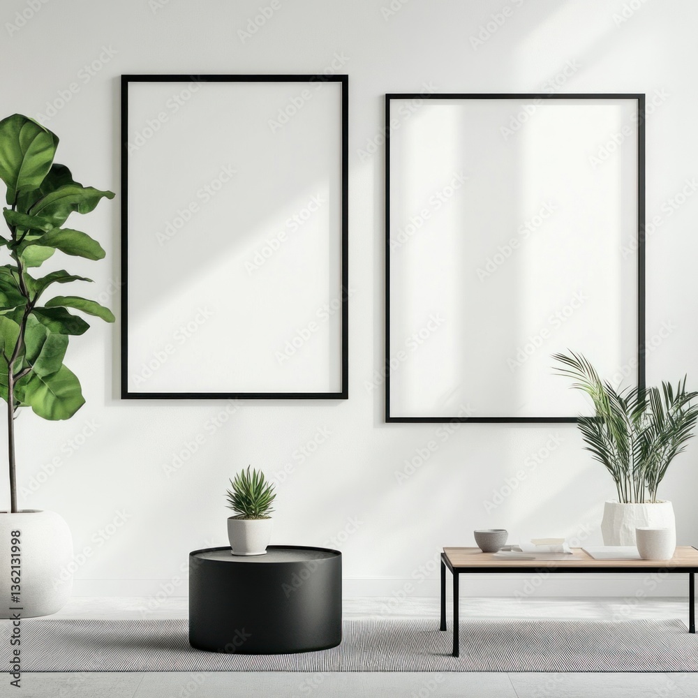 Minimalist interior with two empty frames, plants, and coffee table. Minimalist interior with two empty frames, plants, and coffee table.