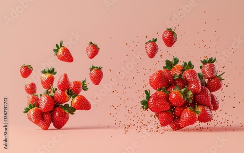 Red strawberries levitate against a pink background, some in a cluster, others scattered and in motion, with a sprinkle of red dots adding a playful effect. 