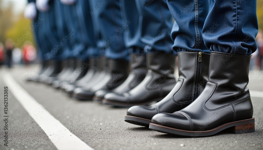 Row of black boots lined up on pavement for military-themed blogs, websites, educational materials, uniform design, recruitment campaigns, and presentations about discipline and service Row of black boots lined up on pavement for military-themed blogs, websites, educational materials, uniform design, recruitment campaigns, and presentations about discipline and service