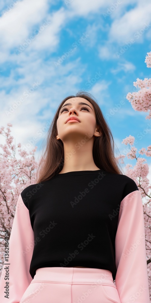 Φωτογραφία A woman wearing a black and pink sweater stands in front of a tree with pink blossoms