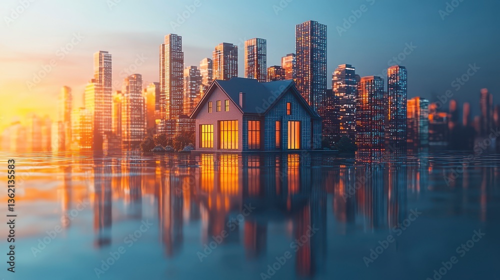 Obraz premium Serene House Amidst Urban Skyscrapers Reflecting Sunset Glow Over Water, Capturing Architectural Harmony and Nature