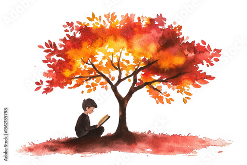 A young boy sits under a vibrant autumn tree, engrossed in reading a book, surrounded by colorful leaves.