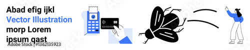Person pointing toward flying object, hand using payment card reader, bold text snippet emphasizing details. Ideal for technology, fintech, retail, movement, focus, activity concepts simple landing