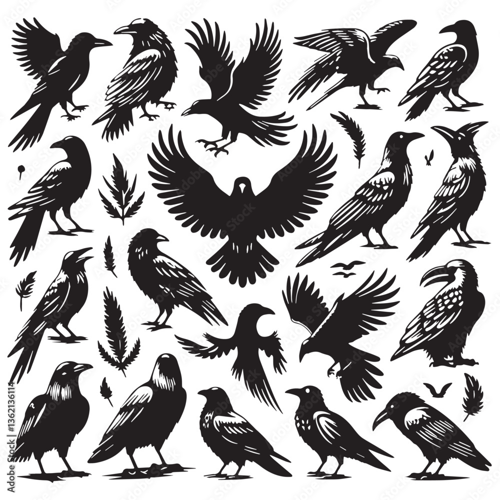 Obraz premium Black Color Crow Silhouette Vector Illustration, Solid White Background