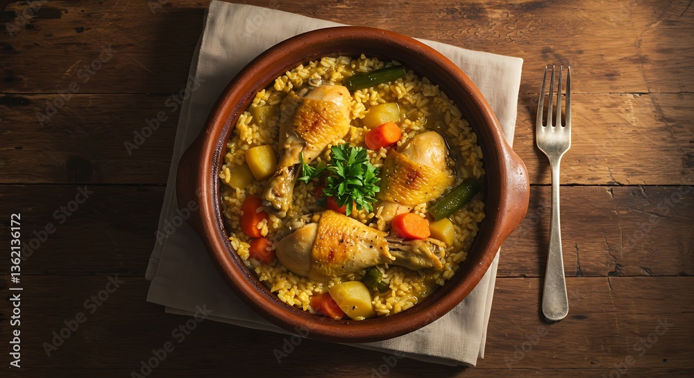 Roasted Chicken and Rice with Vegetables on Wooden Tabletop Roasted Chicken and Rice with Vegetables on Wooden Tabletop