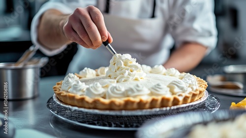 Chef's Touch: Piping Cream onto a freshly baked pie masterpiece for ultimate delight