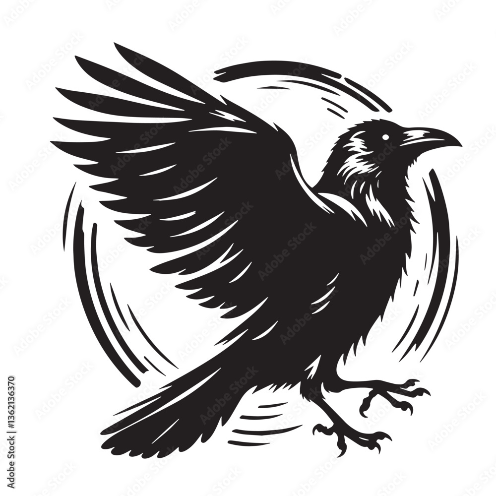 Fototapeta premium Black Color Crow Silhouette Vector Illustration, Solid White Background