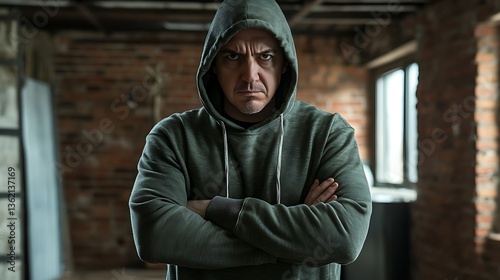 Angry man in hoodie, arms crossed.