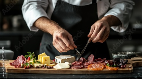 Chef meticulously prepares an elegant charcuterie board with assorted cheeses