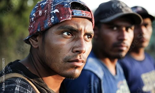 Alert latinx men stand in tense group, criminal charges fueling deportation threat, criminal background intensifying fear, criminal presence shaping urgent border crackdown now worldwide