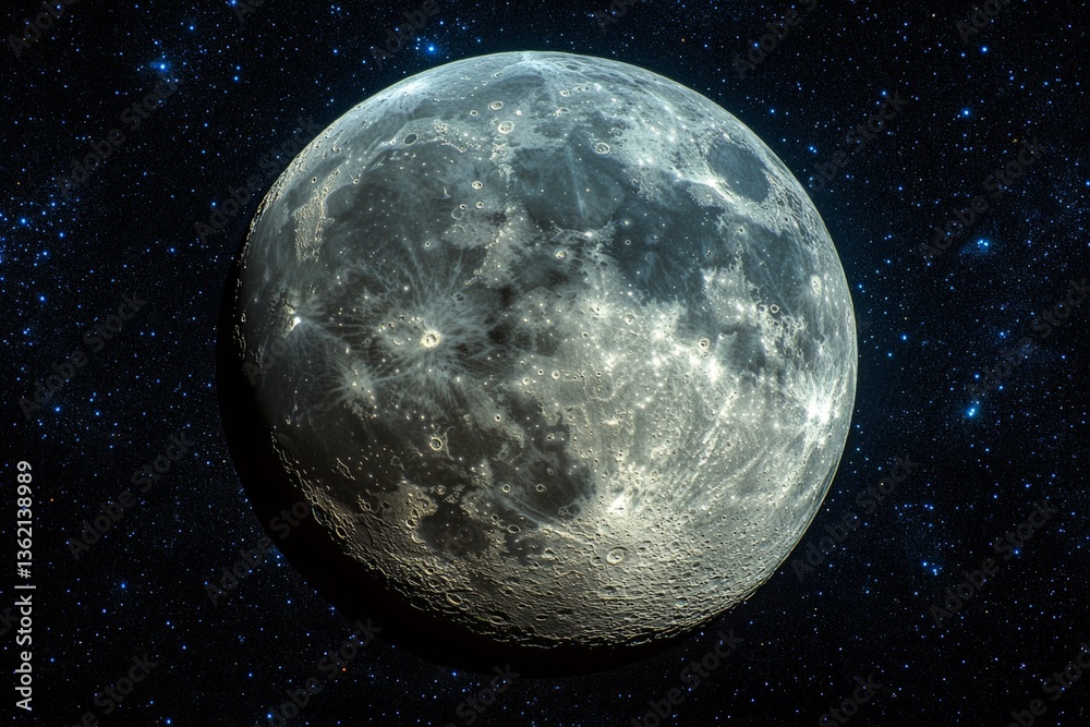 Obraz premium Bright full moon illuminated against a starry night sky in a clear atmosphere