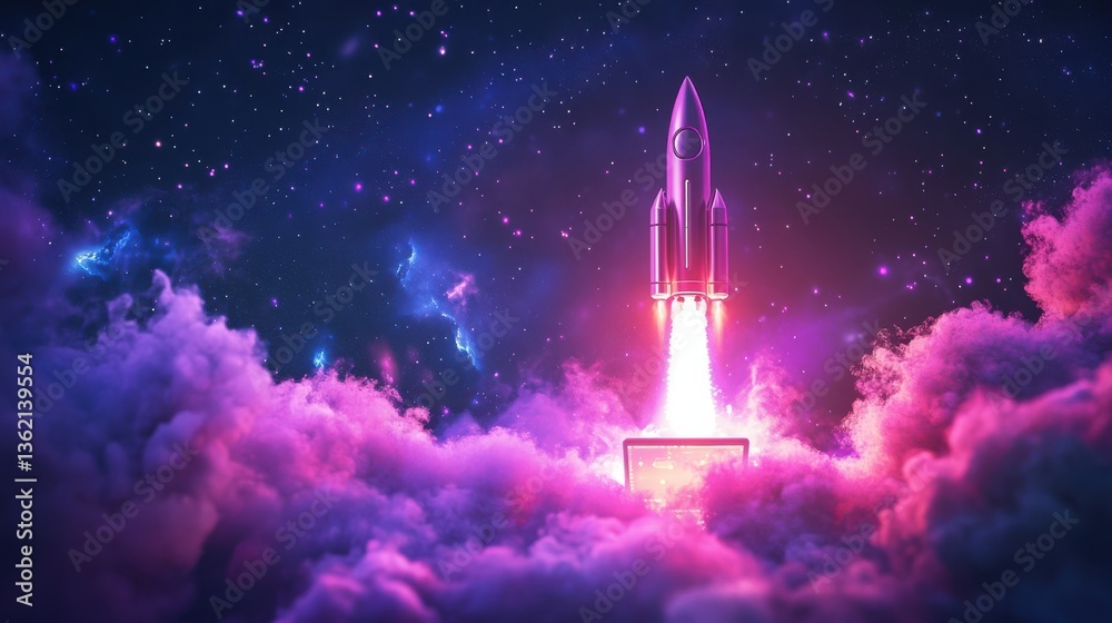 Space rocket launch from laptop screen as startup and marketing futuristic promotion icon. Generative AI. illustration Space rocket launch from laptop screen as startup and marketing futuristic promotion icon. Generative AI. illustration
