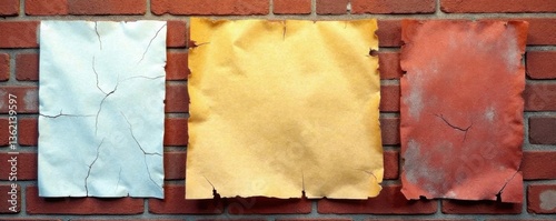 Cracked glued paper posters attached to exterior brick surface , brick, architecture, cracked